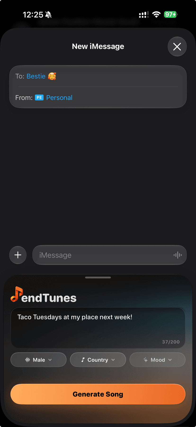 The SendTunes lyric-only composer docked inside Messages
