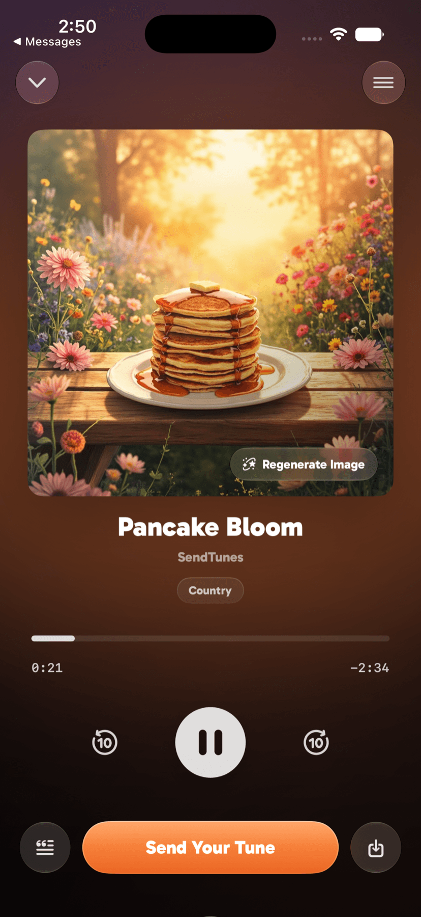 The SendTunes player showing a finished song called Pancake Bloom with cover art